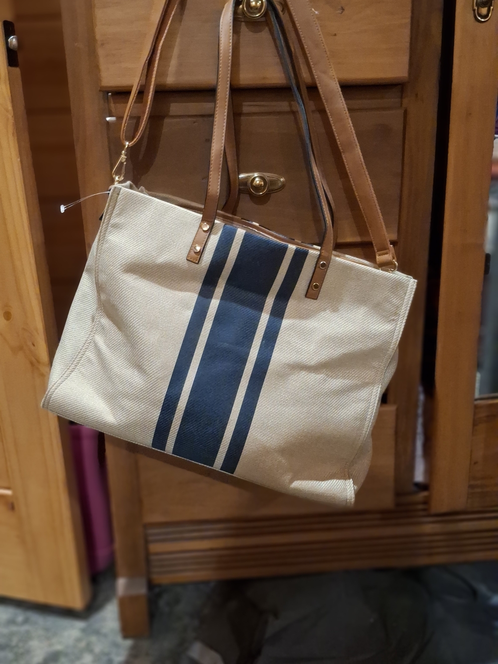 Cream Canvas Satchel with Navy Center Stripe and Tan Handles